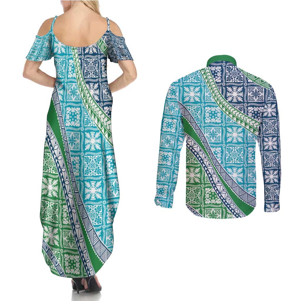 Hawaiian Quilt Pattern Couples Matching Summer Maxi Dress and Long Sleeve Button Shirt Fresh Color Mixed - Polynesian Pride