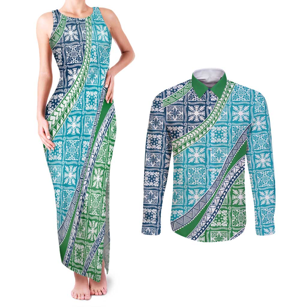 Hawaiian Quilt Pattern Couples Matching Tank Maxi Dress and Long Sleeve Button Shirt Fresh Color Mixed - Polynesian Pride