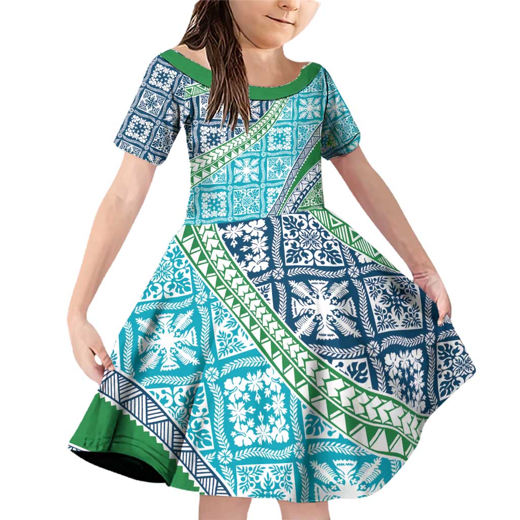 Hawaiian Quilt Pattern Family Matching Off Shoulder Short Dress and Hawaiian Shirt Fresh Color Mixed LT01 Daughter's Dress Green - Polynesian Pride