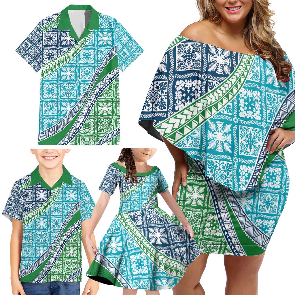 Hawaiian Quilt Pattern Family Matching Off Shoulder Short Dress and Hawaiian Shirt Fresh Color Mixed LT01 - Polynesian Pride