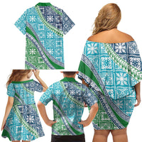 Hawaiian Quilt Pattern Family Matching Off Shoulder Short Dress and Hawaiian Shirt Fresh Color Mixed LT01 - Polynesian Pride