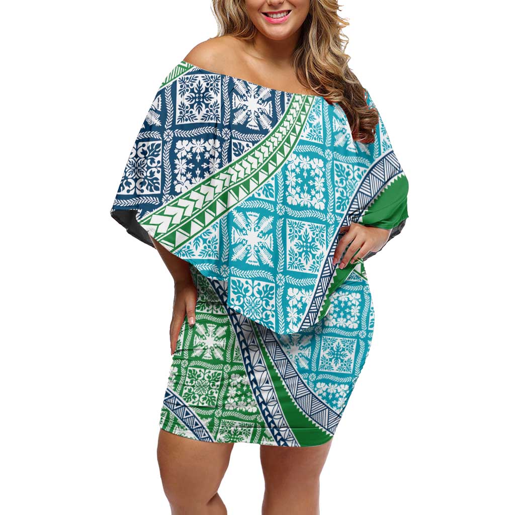 Hawaiian Quilt Pattern Family Matching Off Shoulder Short Dress and Hawaiian Shirt Fresh Color Mixed LT01 Mom's Dress Green - Polynesian Pride