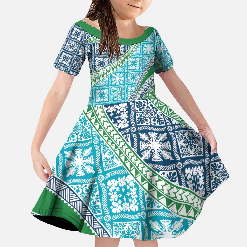 Hawaiian Quilt Pattern Family Matching Tank Maxi Dress and Hawaiian Shirt Fresh Color Mixed LT01 Daughter's Dress Green - Polynesian Pride