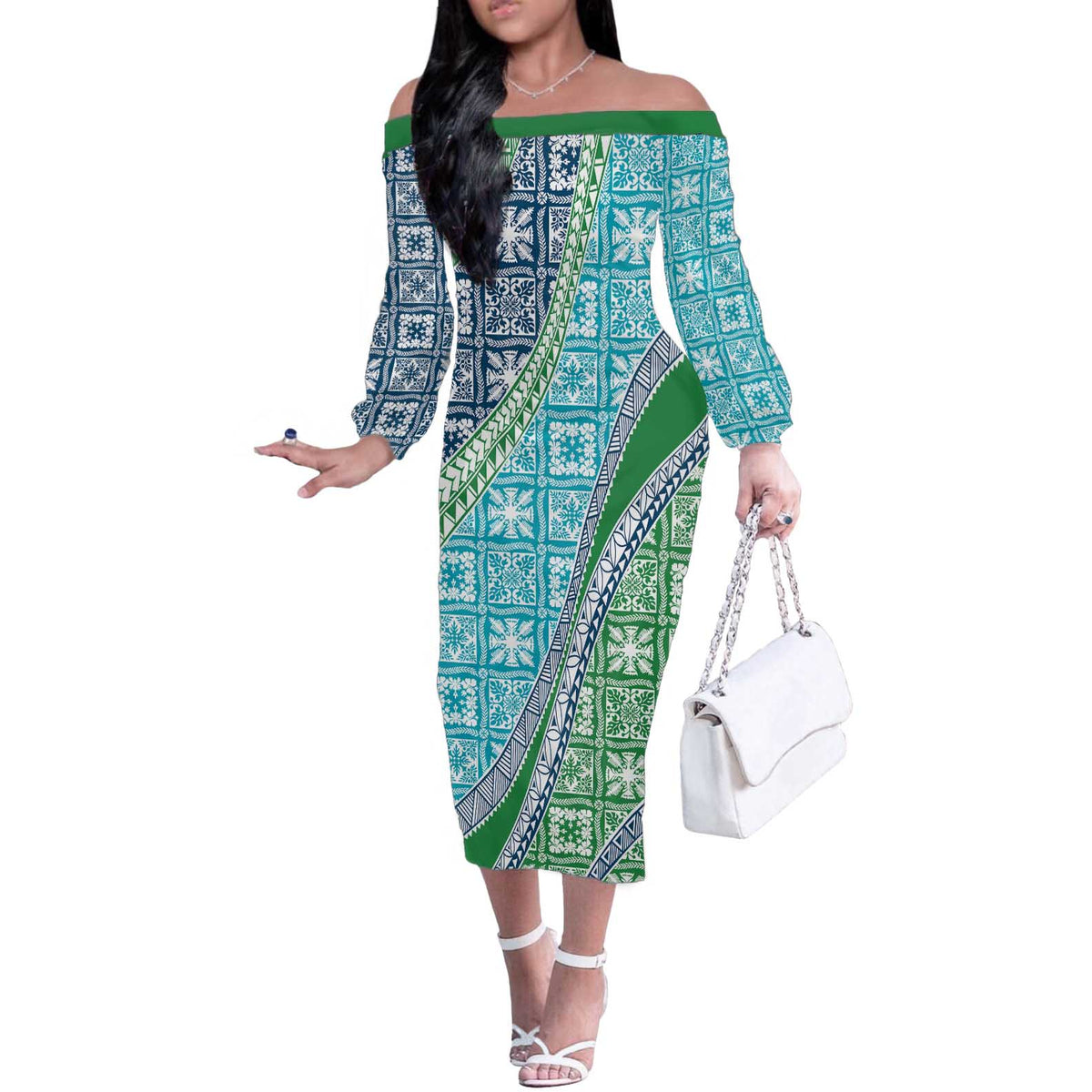 Hawaiian Quilt Pattern Off The Shoulder Long Sleeve Dress Fresh Color Mixed LT01 Women Green - Polynesian Pride