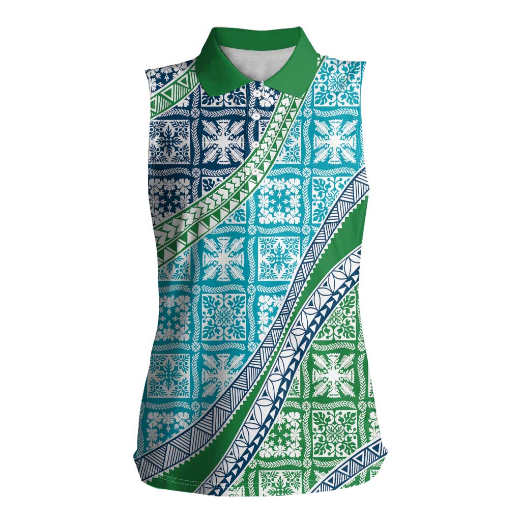 Hawaiian Quilt Pattern Women Sleeveless Polo Shirt Fresh Color Mixed LT01 Female Green - Polynesian Pride