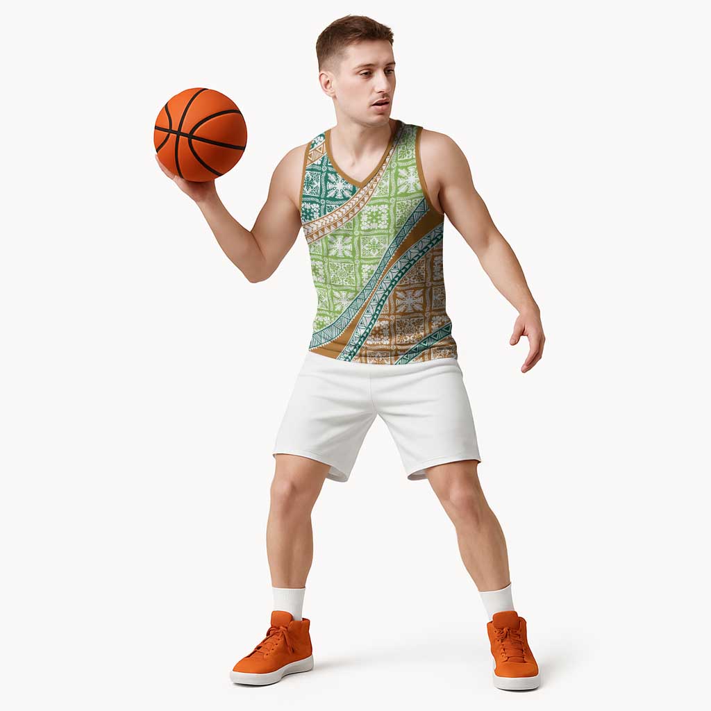 Hawaiian Quilt Pattern Basketball Jersey Green Chestnut Color Mixed - Polynesian Pride