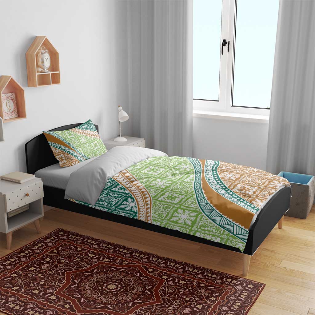 Hawaiian Quilt Pattern Bedding Set Green Chestnut Color Mixed - Polynesian Pride