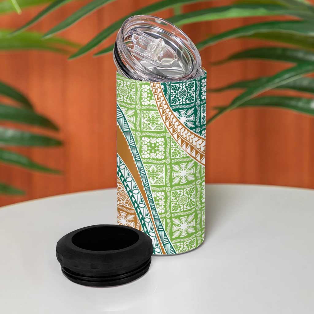 Hawaiian Quilt Pattern 4 in 1 Can Cooler Tumbler Green Chestnut Color Mixed - Polynesian Pride