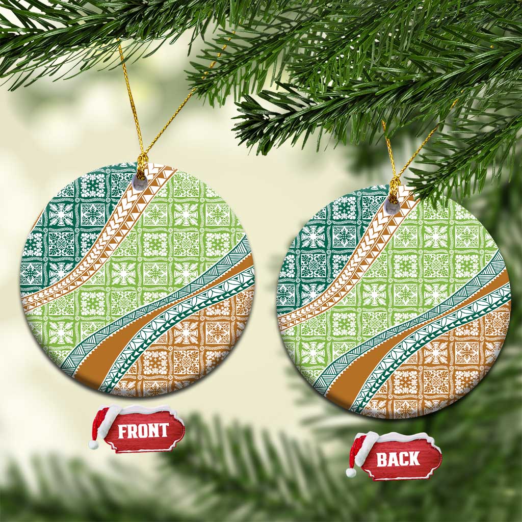 Hawaiian Quilt Pattern Ceramic Ornament Green Chestnut Color Mixed - Polynesian Pride