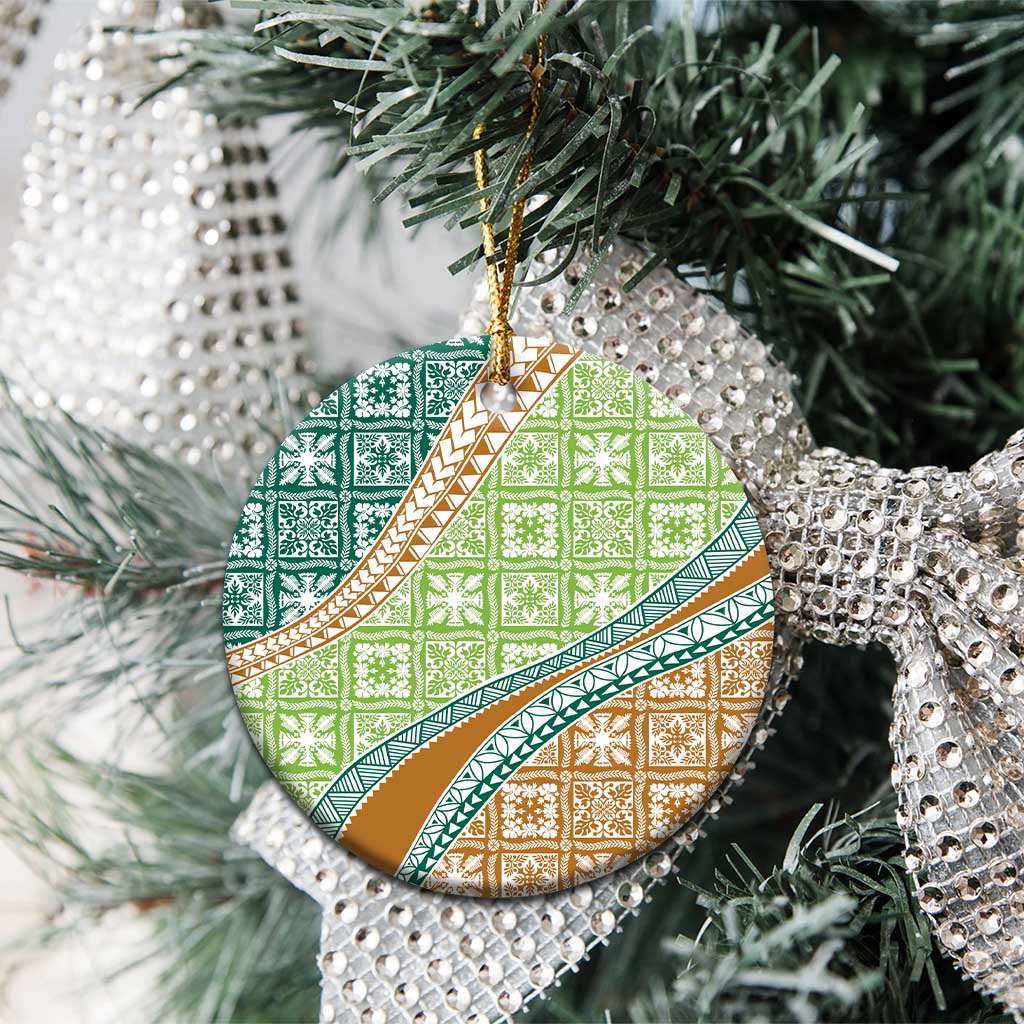 Hawaiian Quilt Pattern Ceramic Ornament Green Chestnut Color Mixed - Polynesian Pride