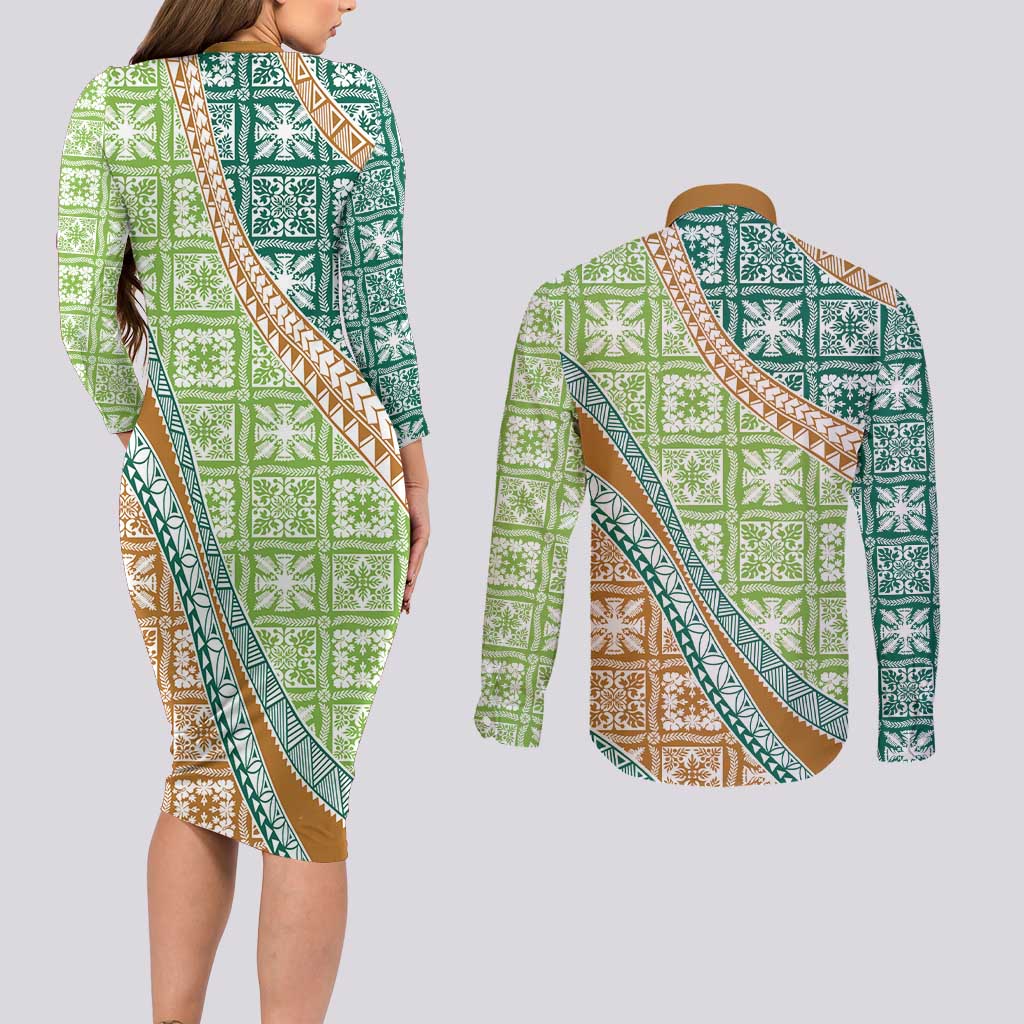 Hawaiian Quilt Pattern Couples Matching Long Sleeve Bodycon Dress and Long Sleeve Button Shirt Green Chestnut Color Mixed LT01 - Polynesian Pride