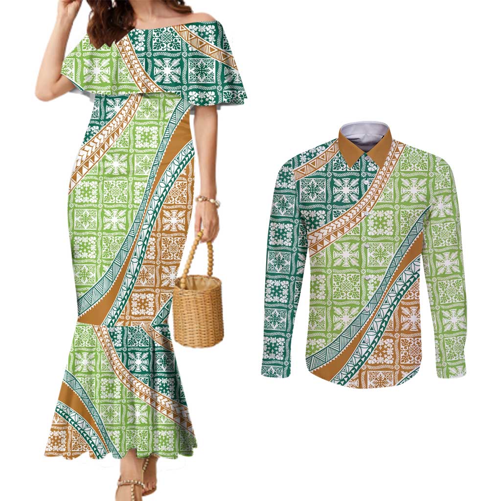 Hawaiian Quilt Pattern Couples Matching Mermaid Dress and Long Sleeve Button Shirt Green Chestnut Color Mixed - Polynesian Pride