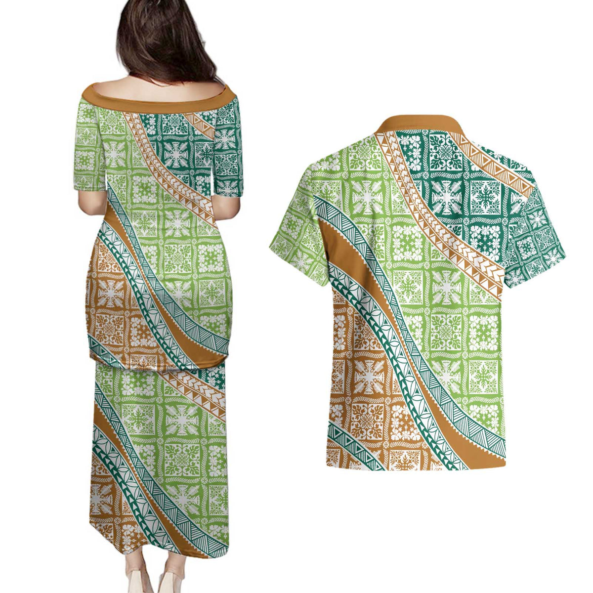 Hawaiian Quilt Pattern Couples Matching Puletasi and Hawaiian Shirt Green Chestnut Color Mixed - Polynesian Pride