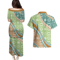 Hawaiian Quilt Pattern Couples Matching Puletasi and Hawaiian Shirt Green Chestnut Color Mixed - Polynesian Pride