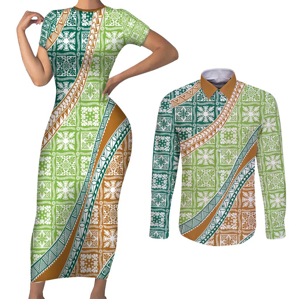Hawaiian Quilt Pattern Couples Matching Short Sleeve Bodycon Dress and Long Sleeve Button Shirt Green Chestnut Color Mixed LT01 Green - Polynesian Pride