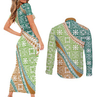 Hawaiian Quilt Pattern Couples Matching Short Sleeve Bodycon Dress and Long Sleeve Button Shirt Green Chestnut Color Mixed LT01 - Polynesian Pride