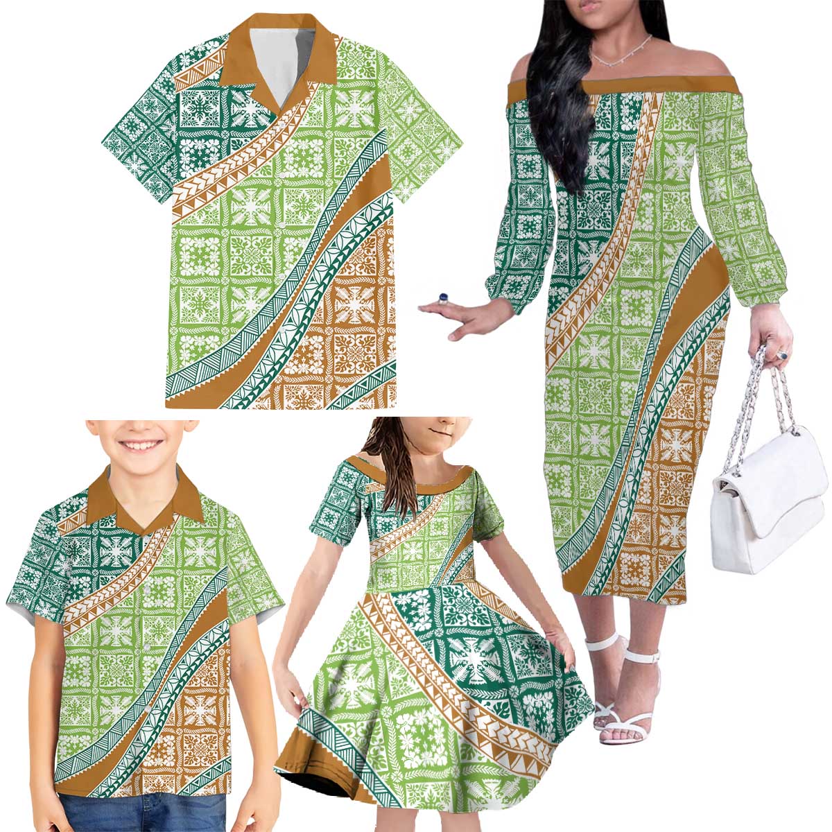 Hawaiian Quilt Pattern Family Matching Off The Shoulder Long Sleeve Dress and Hawaiian Shirt Green Chestnut Color Mixed LT01 - Polynesian Pride