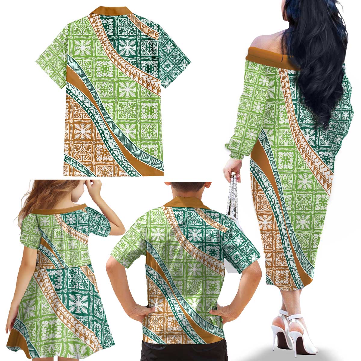 Hawaiian Quilt Pattern Family Matching Off The Shoulder Long Sleeve Dress and Hawaiian Shirt Green Chestnut Color Mixed LT01 - Polynesian Pride