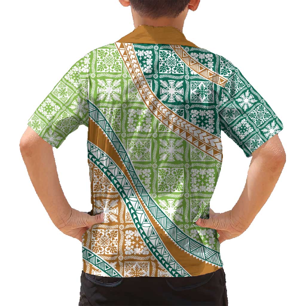 Hawaiian Quilt Pattern Family Matching Off Shoulder Maxi Dress and Hawaiian Shirt Green Chestnut Color Mixed LT01 - Polynesian Pride