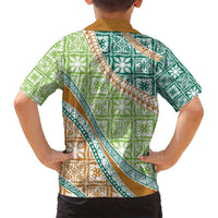 Hawaiian Quilt Pattern Family Matching Off Shoulder Maxi Dress and Hawaiian Shirt Green Chestnut Color Mixed LT01 - Polynesian Pride