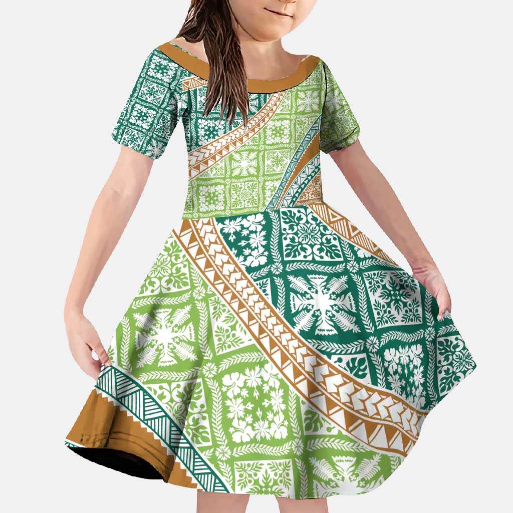 Hawaiian Quilt Pattern Family Matching Off Shoulder Maxi Dress and Hawaiian Shirt Green Chestnut Color Mixed LT01 Daughter's Dress Green - Polynesian Pride