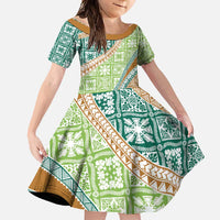Hawaiian Quilt Pattern Family Matching Off Shoulder Maxi Dress and Hawaiian Shirt Green Chestnut Color Mixed LT01 Daughter's Dress Green - Polynesian Pride