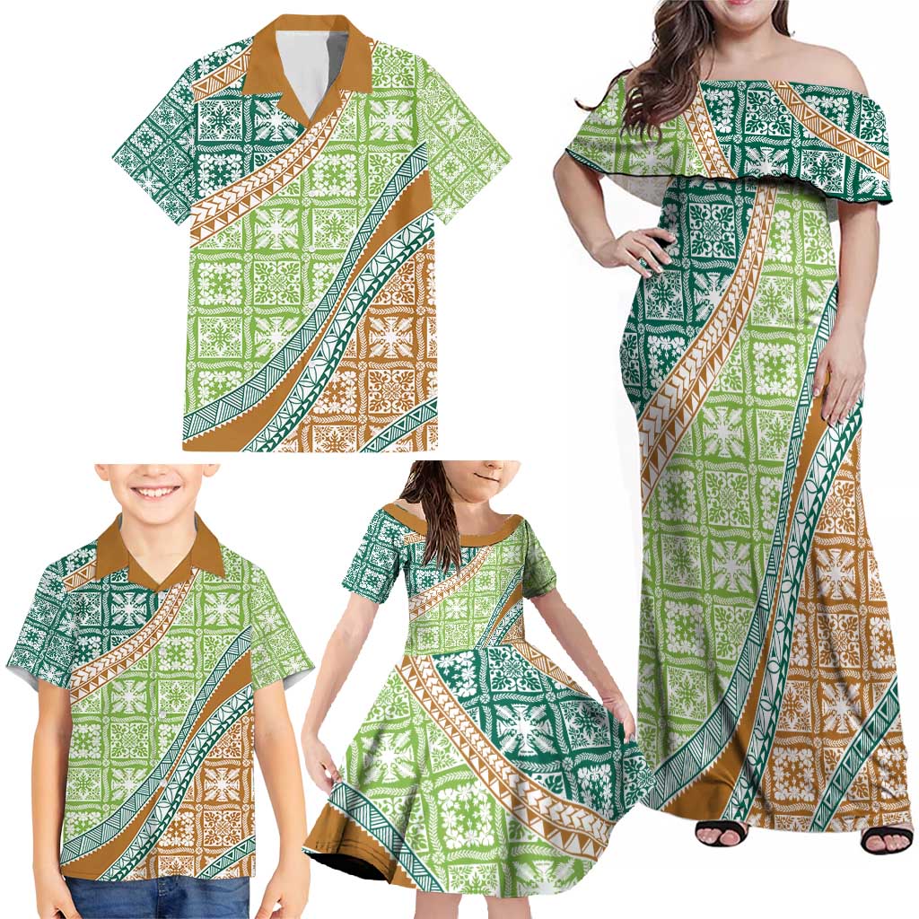 Hawaiian Quilt Pattern Family Matching Off Shoulder Maxi Dress and Hawaiian Shirt Green Chestnut Color Mixed LT01 - Polynesian Pride