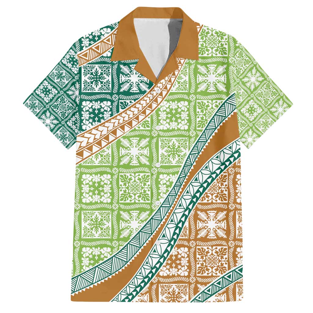 Hawaiian Quilt Pattern Family Matching Off Shoulder Maxi Dress and Hawaiian Shirt Green Chestnut Color Mixed LT01 Dad's Shirt - Short Sleeve Green - Polynesian Pride