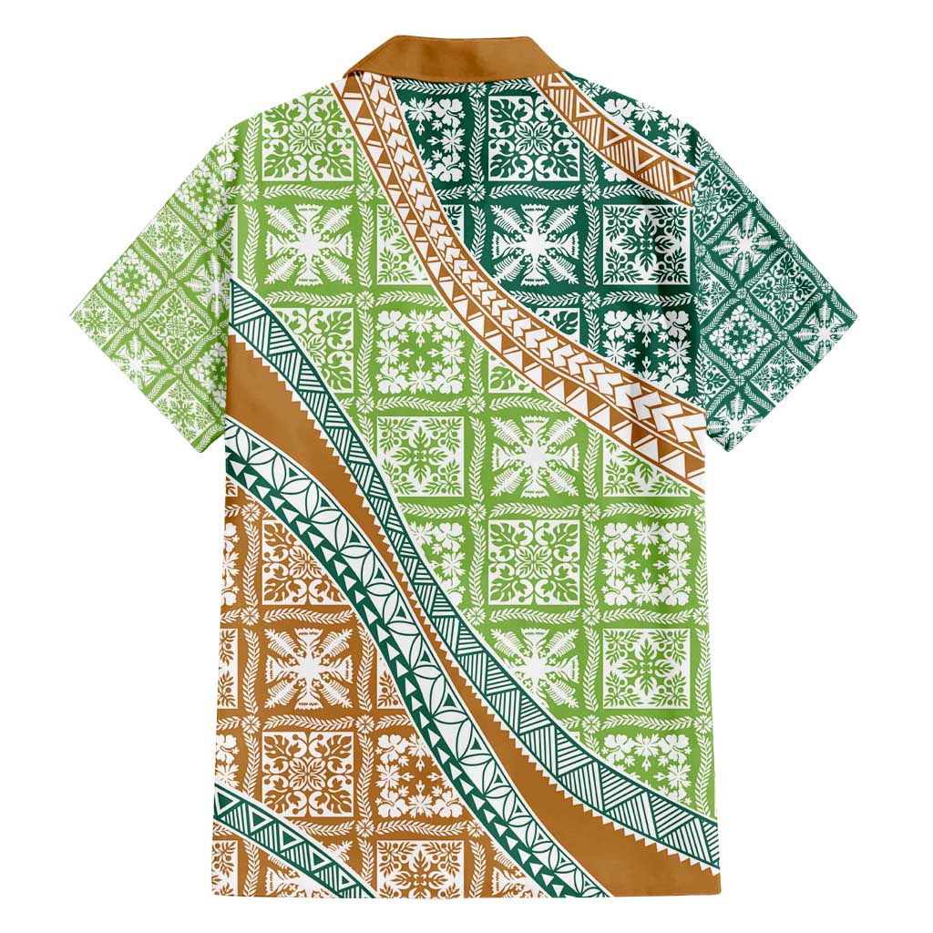 Hawaiian Quilt Pattern Family Matching Off Shoulder Maxi Dress and Hawaiian Shirt Green Chestnut Color Mixed LT01 - Polynesian Pride