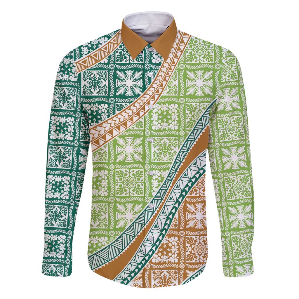 Hawaiian Quilt Pattern Family Matching Off Shoulder Maxi Dress and Hawaiian Shirt Green Chestnut Color Mixed LT01 Dad's Shirt - Long Sleeve Green - Polynesian Pride