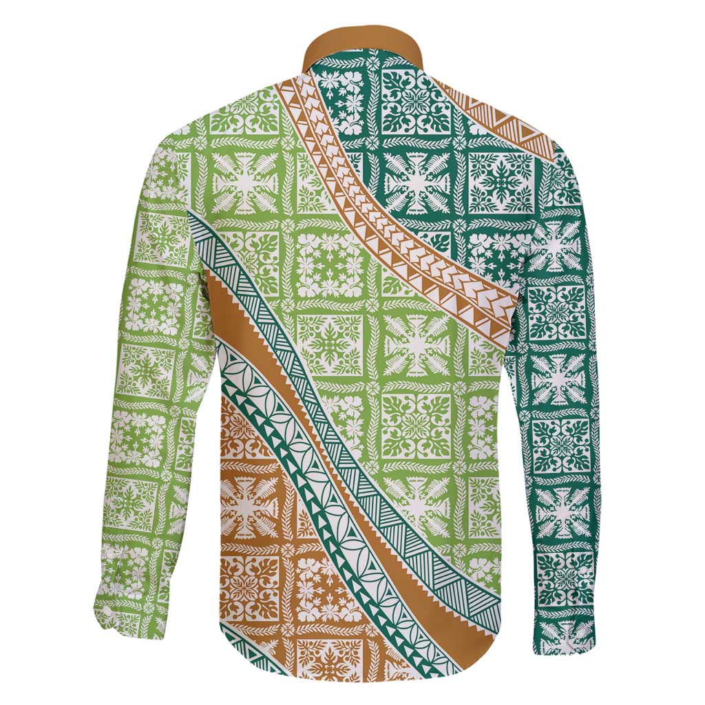 Hawaiian Quilt Pattern Family Matching Off Shoulder Maxi Dress and Hawaiian Shirt Green Chestnut Color Mixed LT01 - Polynesian Pride