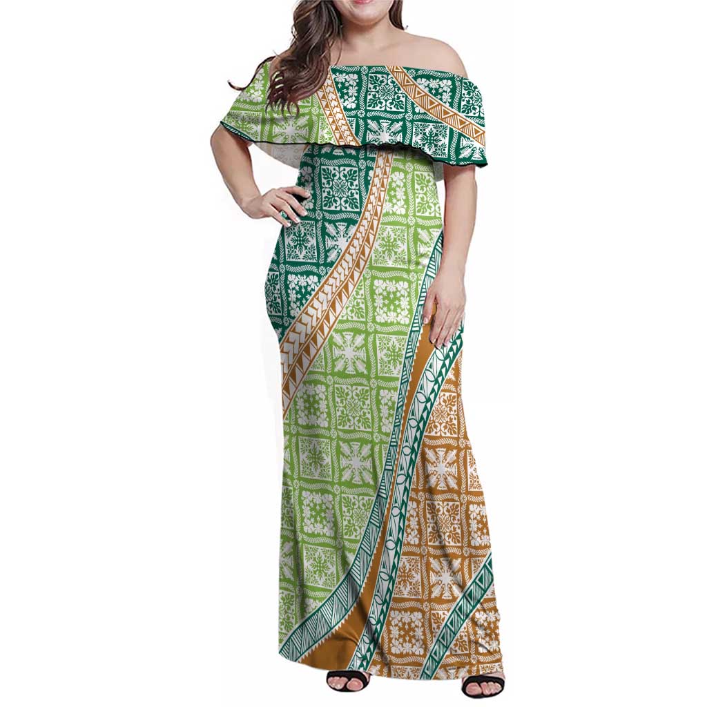 Hawaiian Quilt Pattern Family Matching Off Shoulder Maxi Dress and Hawaiian Shirt Green Chestnut Color Mixed LT01 Mom's Dress Green - Polynesian Pride