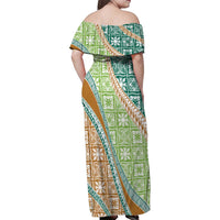 Hawaiian Quilt Pattern Family Matching Off Shoulder Maxi Dress and Hawaiian Shirt Green Chestnut Color Mixed LT01 - Polynesian Pride