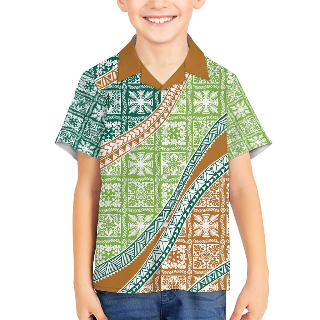 Hawaiian Quilt Pattern Family Matching Off Shoulder Maxi Dress and Hawaiian Shirt Green Chestnut Color Mixed LT01 Son's Shirt Green - Polynesian Pride