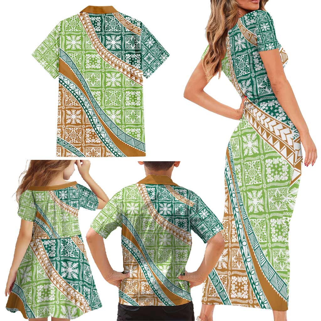 Hawaiian Quilt Pattern Family Matching Short Sleeve Bodycon Dress and Hawaiian Shirt Green Chestnut Color Mixed LT01 - Polynesian Pride