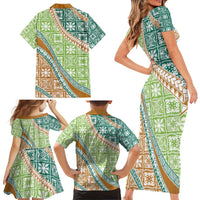 Hawaiian Quilt Pattern Family Matching Short Sleeve Bodycon Dress and Hawaiian Shirt Green Chestnut Color Mixed LT01 - Polynesian Pride