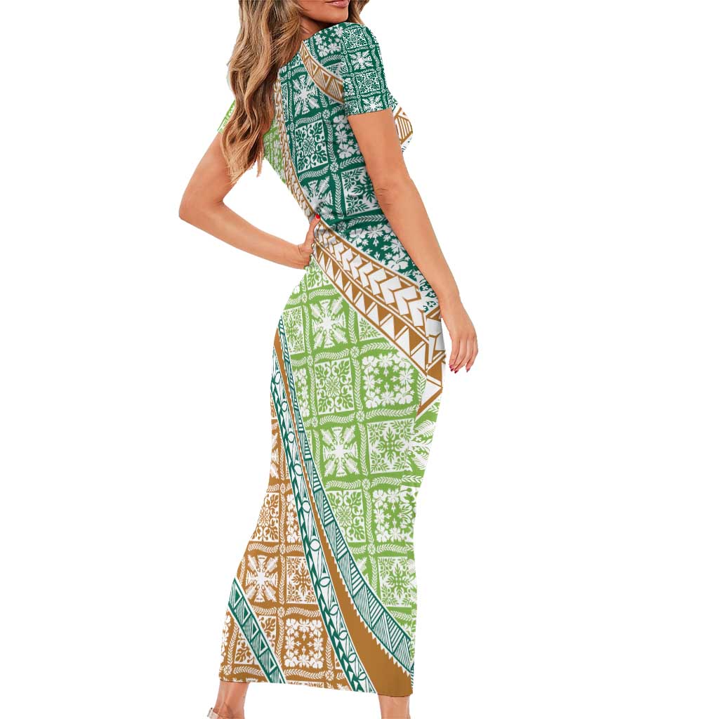 Hawaiian Quilt Pattern Family Matching Short Sleeve Bodycon Dress and Hawaiian Shirt Green Chestnut Color Mixed LT01 - Polynesian Pride