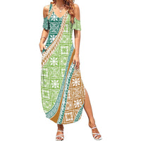 Hawaiian Quilt Pattern Family Matching Summer Maxi Dress and Hawaiian Shirt Green Chestnut Color Mixed - Polynesian Pride