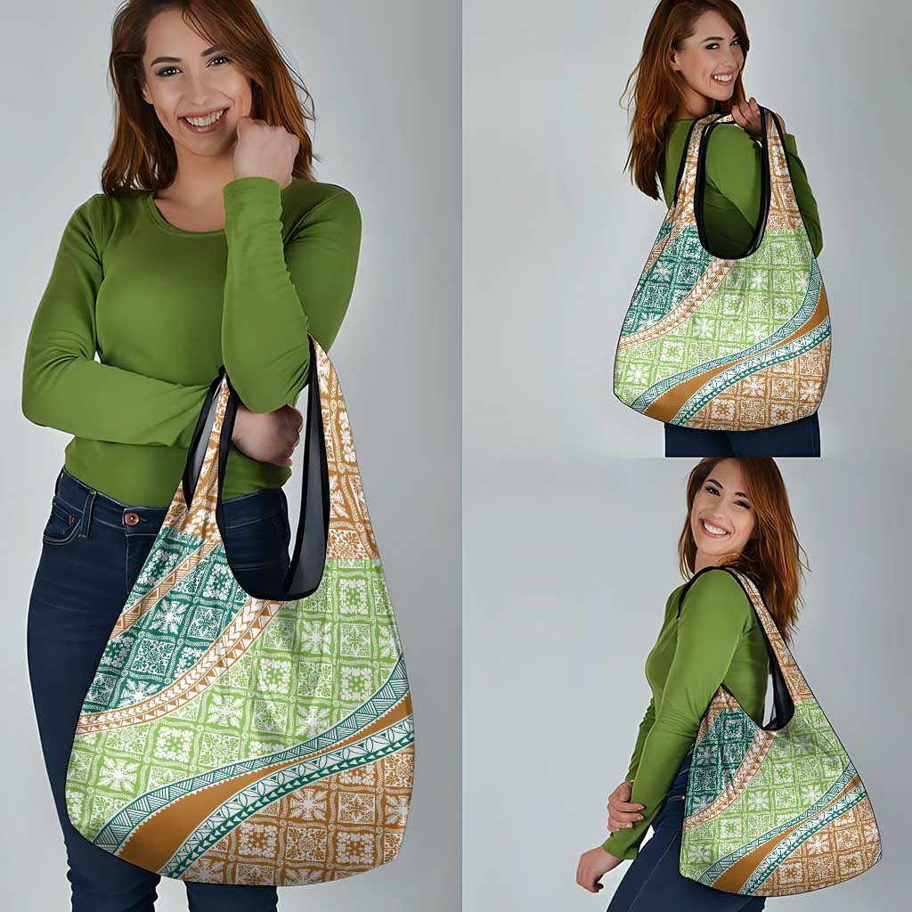 Hawaiian Quilt Pattern Grocery Bag Green Chestnut Color Mixed - Polynesian Pride