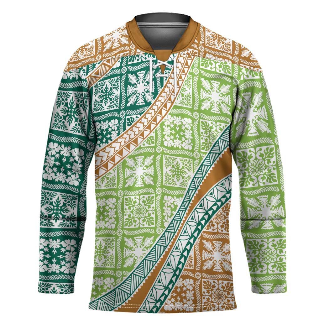 Hawaiian Quilt Pattern Hockey Jersey Green Chestnut Color Mixed - Polynesian Pride