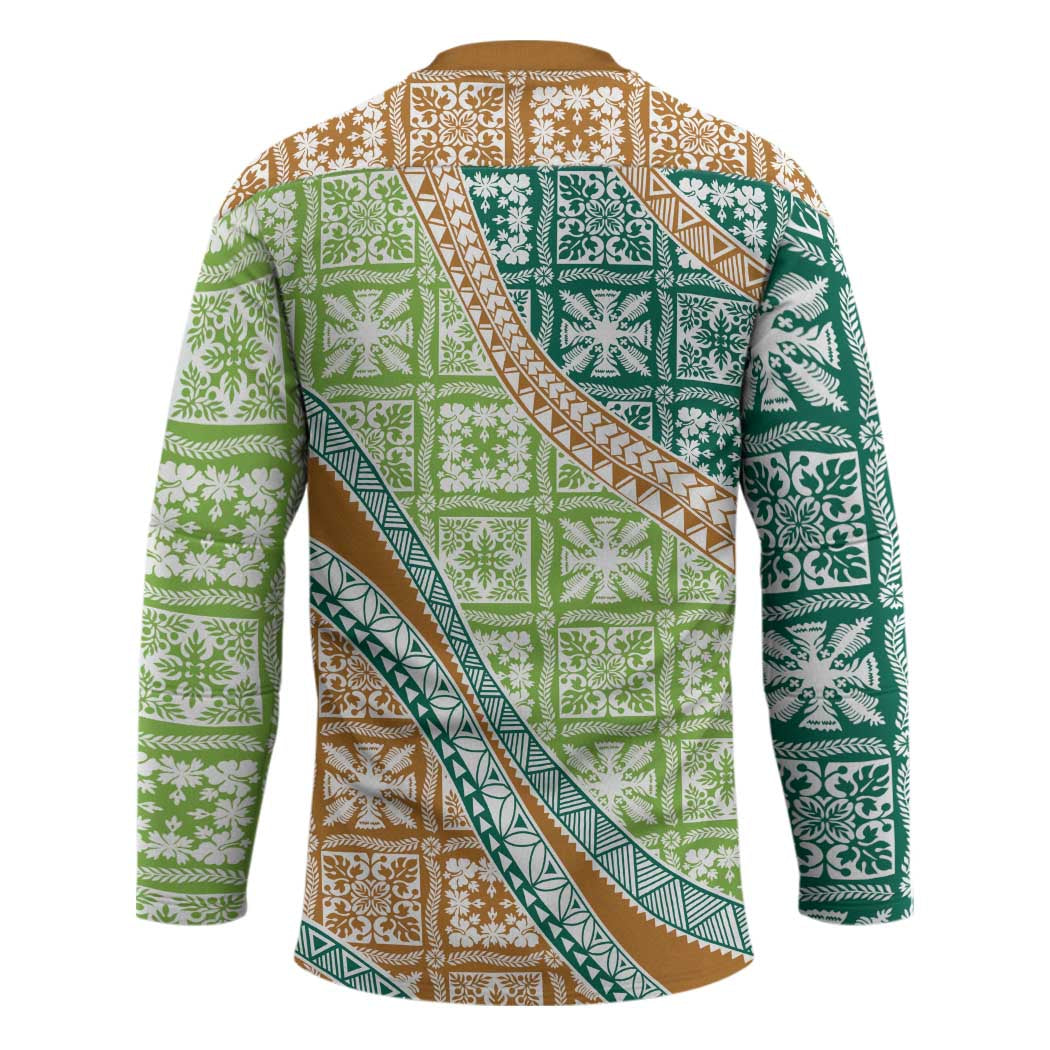 Hawaiian Quilt Pattern Hockey Jersey Green Chestnut Color Mixed - Polynesian Pride