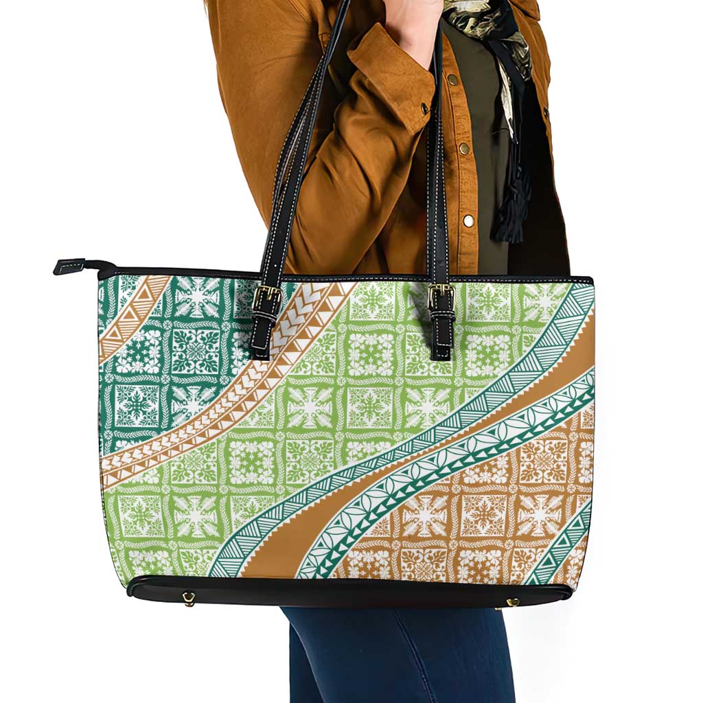 Hawaiian Quilt Pattern Leather Tote Bag Green Chestnut Color Mixed - Polynesian Pride