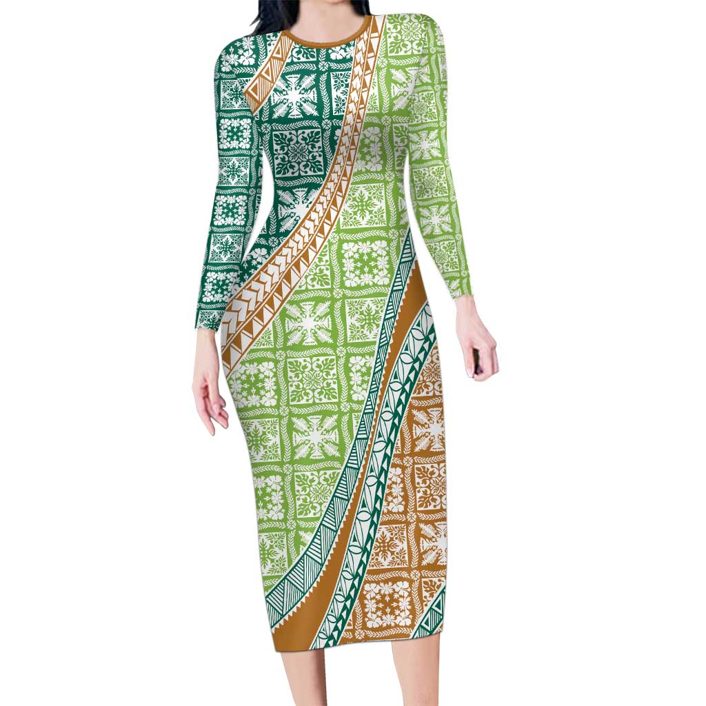 Hawaiian Quilt Pattern Long Sleeve Bodycon Dress Green Chestnut Color Mixed LT01 Long Dress Green - Polynesian Pride