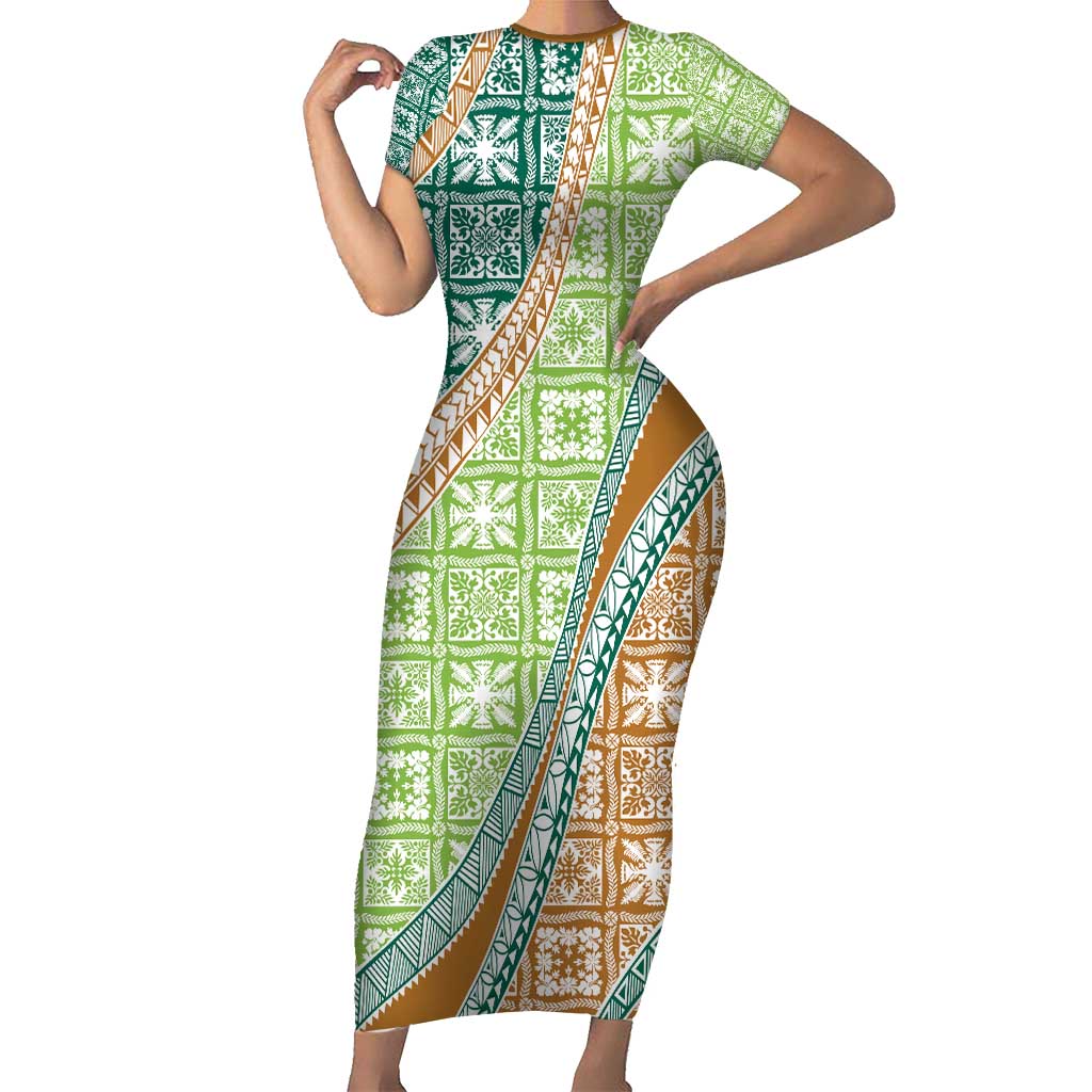 Hawaiian Quilt Pattern Short Sleeve Bodycon Dress Green Chestnut Color Mixed - Polynesian Pride