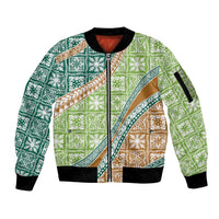 Hawaiian Quilt Pattern Sleeve Zip Bomber Jacket Green Chestnut Color Mixed LT01 Unisex Green - Polynesian Pride