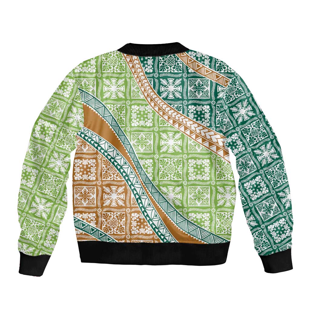 Hawaiian Quilt Pattern Sleeve Zip Bomber Jacket Green Chestnut Color Mixed LT01 - Polynesian Pride