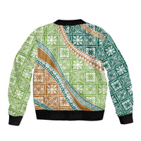 Hawaiian Quilt Pattern Sleeve Zip Bomber Jacket Green Chestnut Color Mixed LT01 - Polynesian Pride