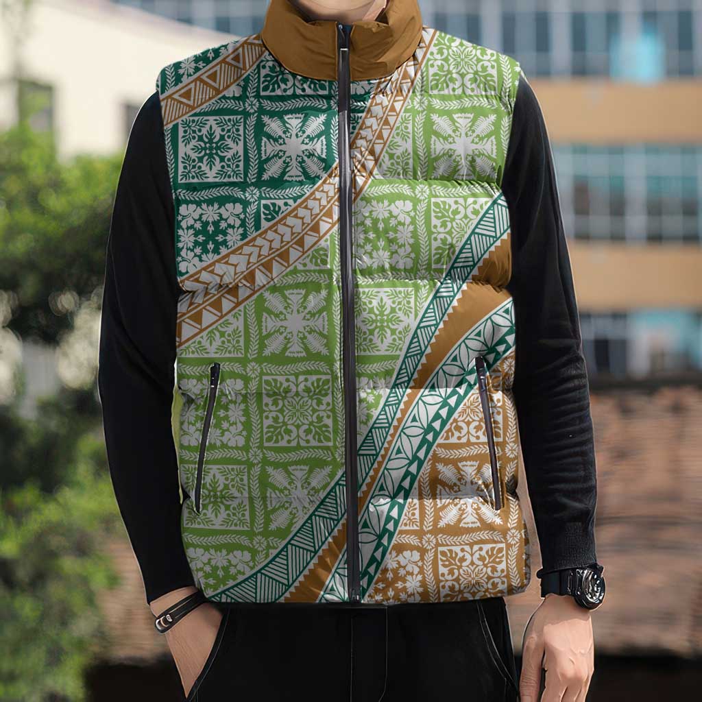Hawaiian Quilt Pattern Sleeveless Puffer Jacket Green Chestnut Color Mixed - Polynesian Pride