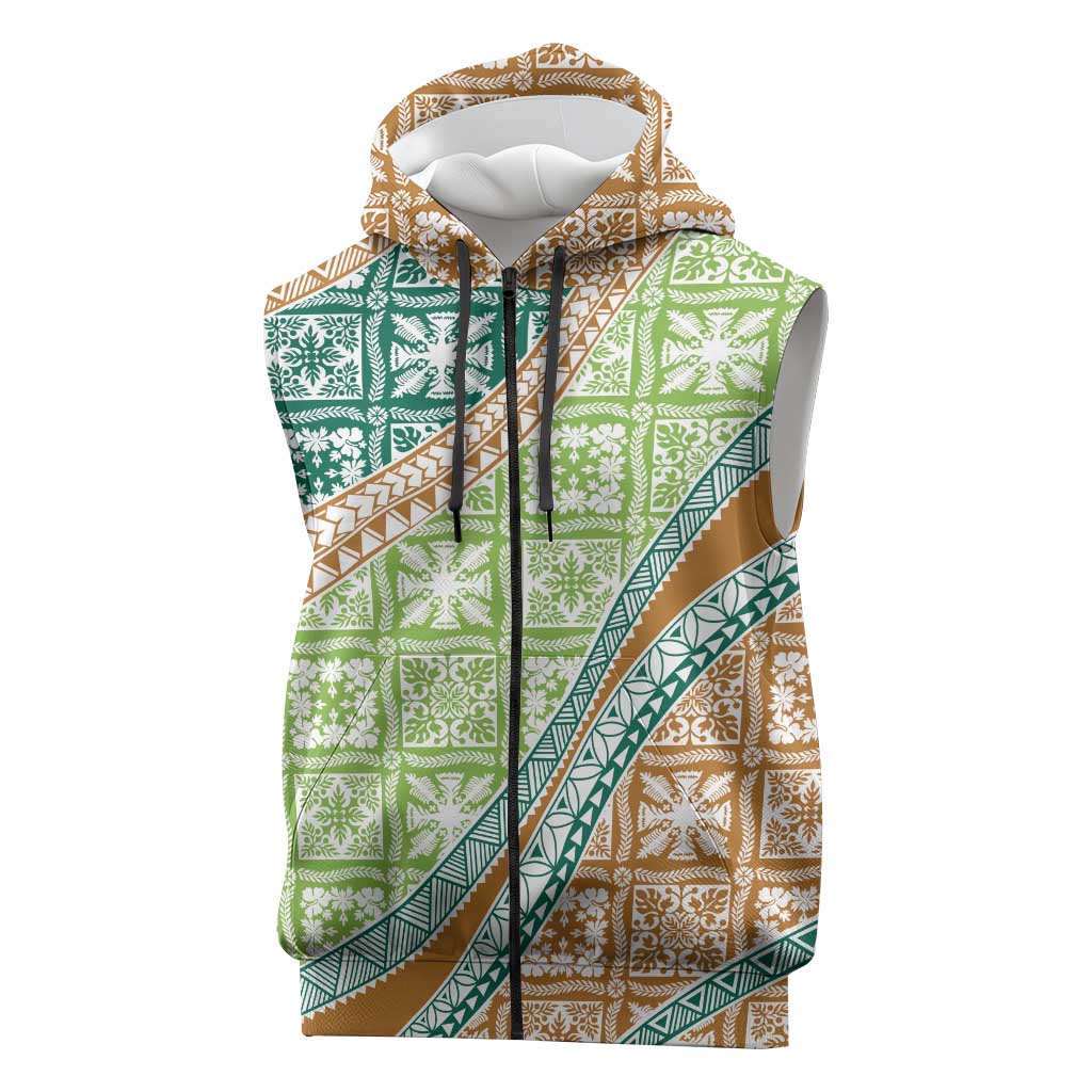 Hawaiian Quilt Pattern Sleeveless Zip Hoodie Green Chestnut Color Mixed - Polynesian Pride