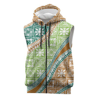 Hawaiian Quilt Pattern Sleeveless Zip Hoodie Green Chestnut Color Mixed - Polynesian Pride
